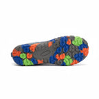 Bottom view of a kids water shoe showing the colourful textured rubber sole for traction
