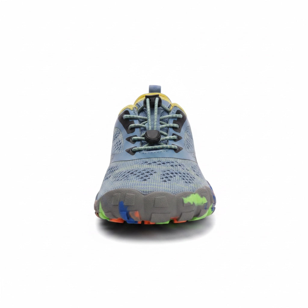 Front view of blue and grey kids water shoes with breathable mesh upper and colourful sole