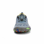 Front view of blue and grey kids water shoes with breathable mesh upper and colourful sole