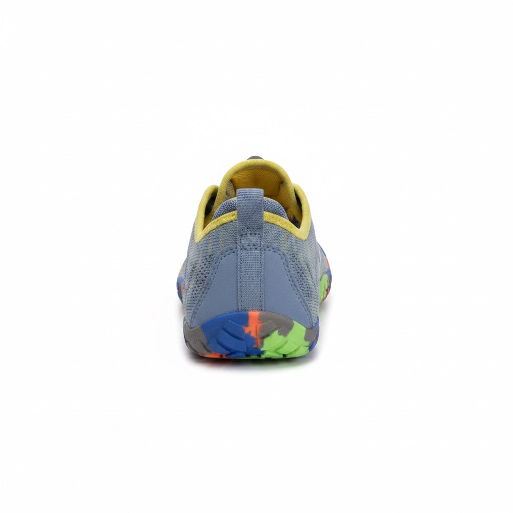 Rear view of blue and grey kids water shoes showing the heel and colourful flexible sole