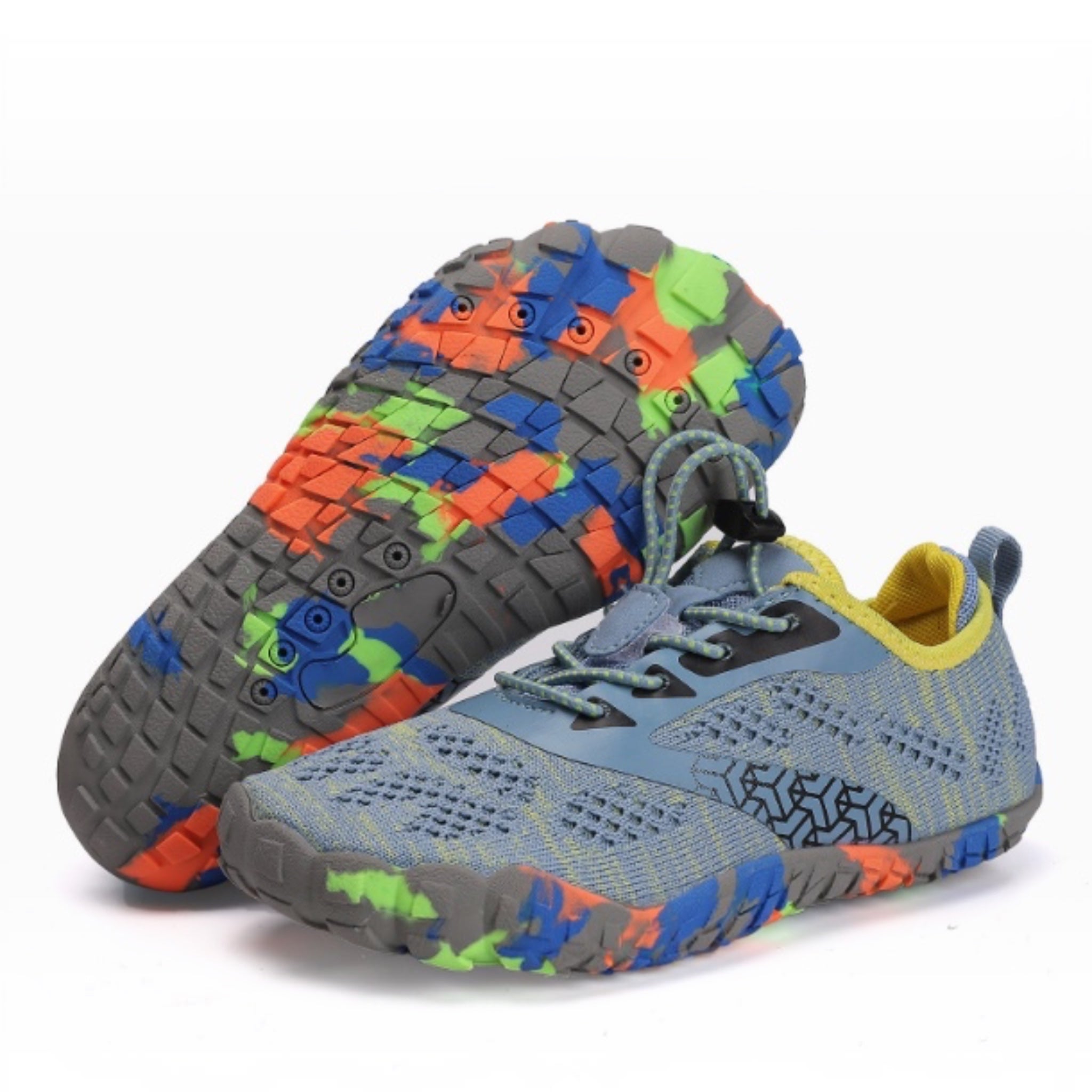 Blue and grey kids water shoes shown with their colourful textured soles facing upward