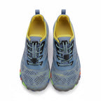 Top view of blue and grey kids water shoes showing the laces and breathable mesh design