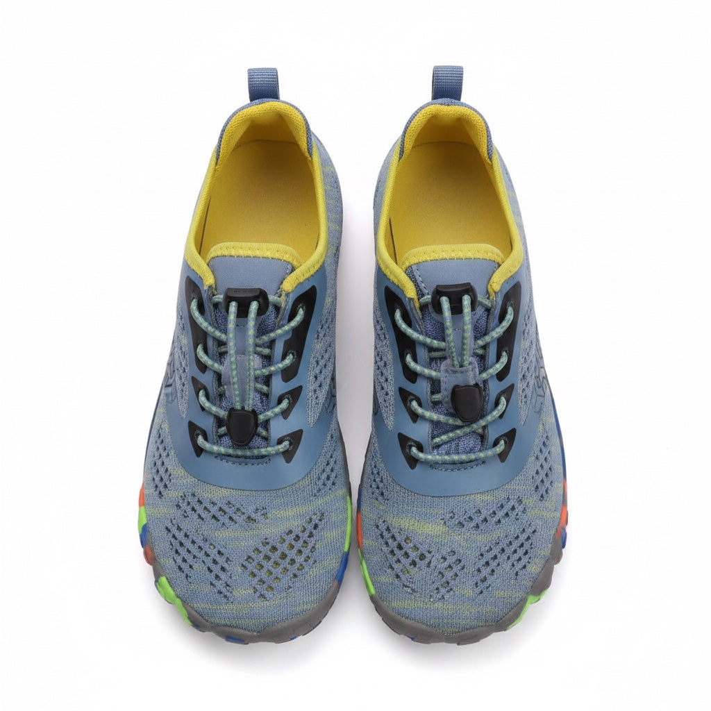 Top view of blue and grey kids water shoes showing the laces and breathable mesh design