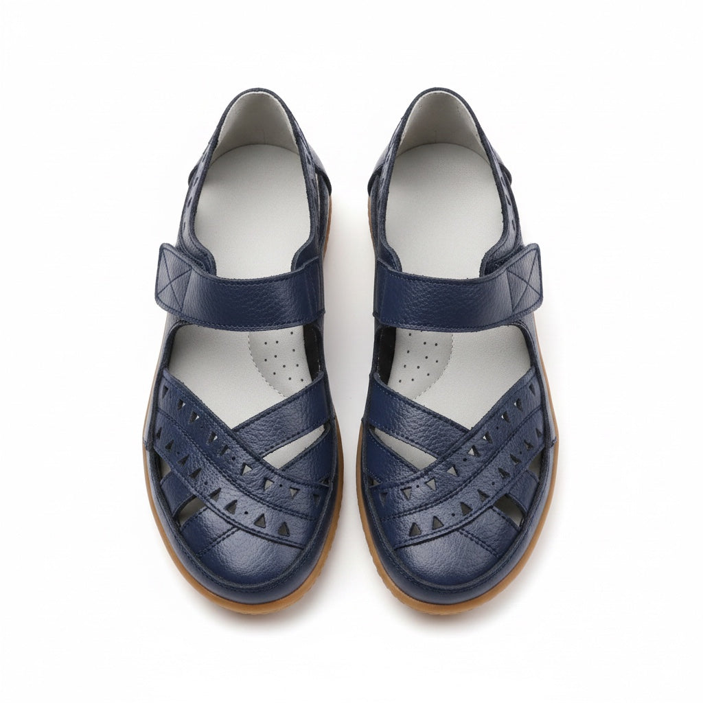 Orthopedic Sandals for women, blue with rubber sole top view.