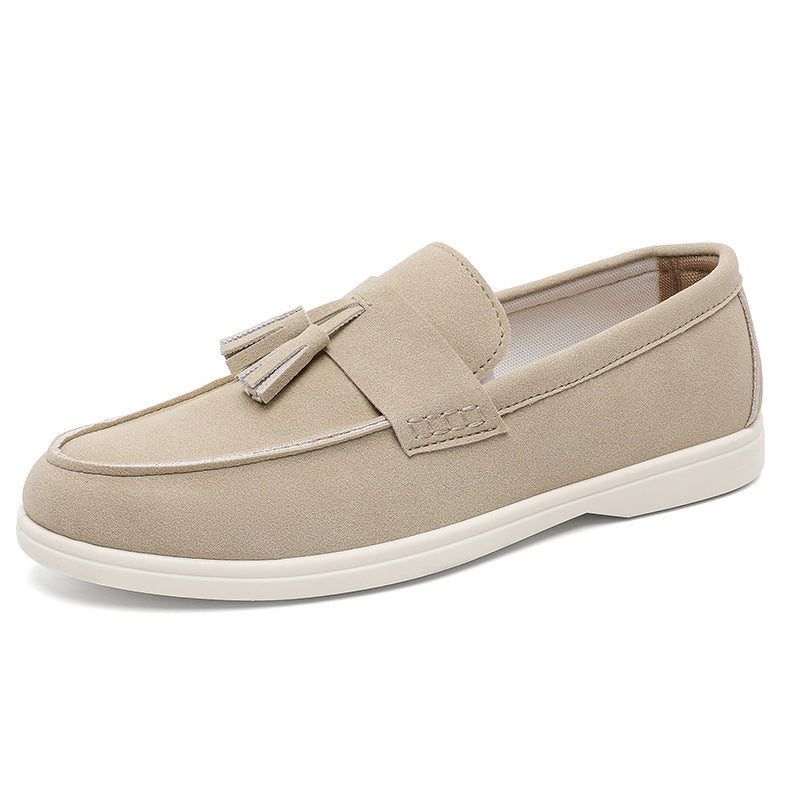 Beige mens loafers with a white rubber sole made with high quality suede textile for everyday comfort and excellent foot health.