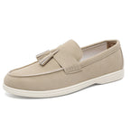 Beige mens loafers with a white rubber sole made with high quality suede textile for everyday comfort and excellent foot health.