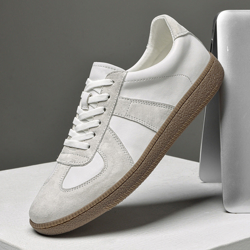 White Loafers with brown sole.