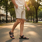 Man wearing black barefoot sandals while walking outdoors