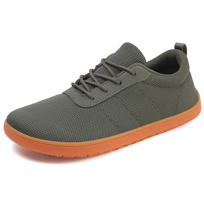 Barefoot men with green knit material and green laces