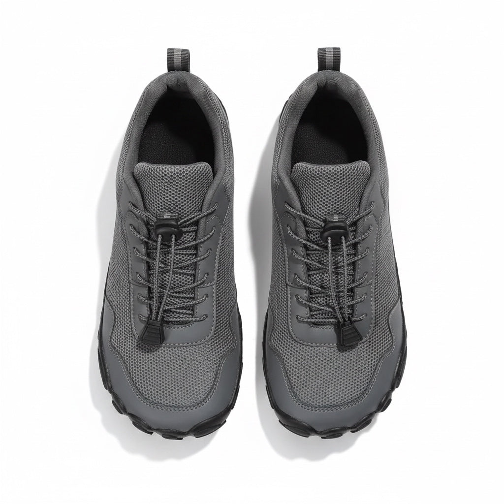 A pair of dark grey athletic Men's Barefoot shoes shown from a top down view on a white background.