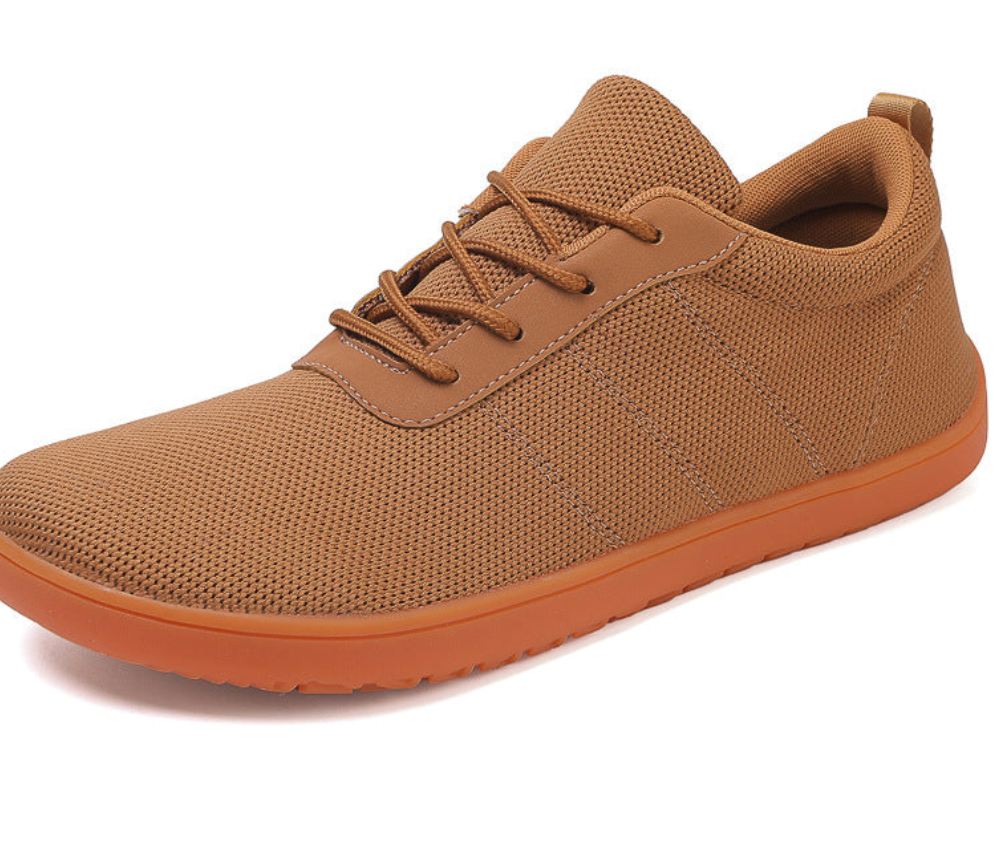 Brown Knit Barefoot shoe with orange sole