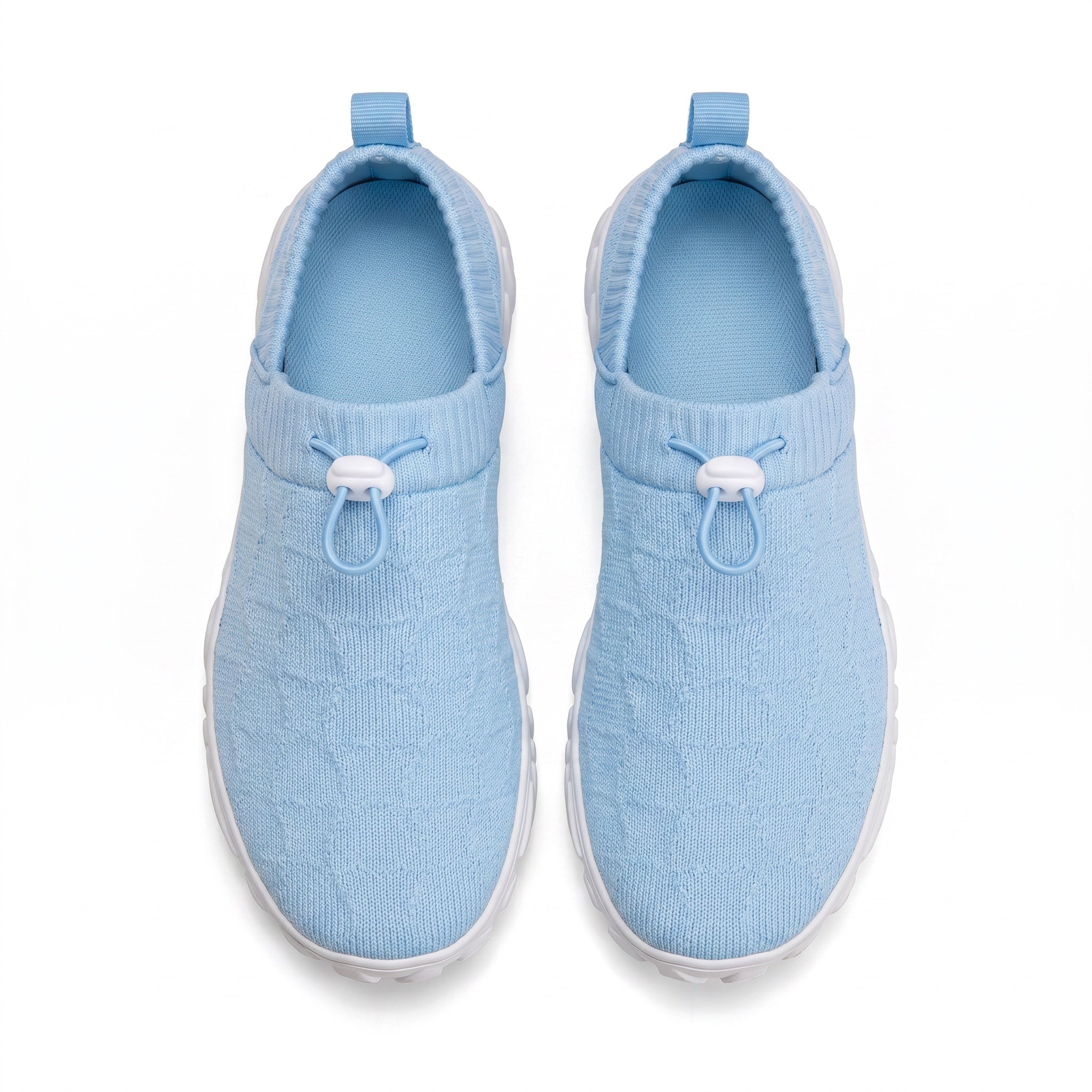 Sky blue knit shoes with a white sole overview look