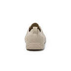 Rear view of a beige men's knit barefoot shoes  showing the heel and textured upper.