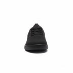 Front view of a black men's knit barefoot shoe with black laces and rounded toe.
