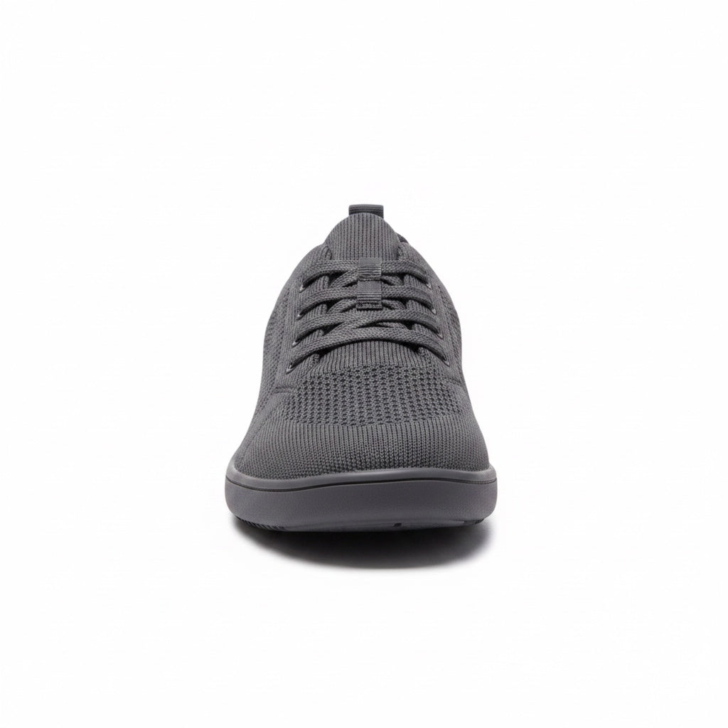 Front-facing black men's knit barefoot shoe with black laces and a rounded toe.