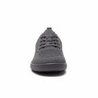 Front-facing black men's knit barefoot shoe with black laces and a rounded toe.