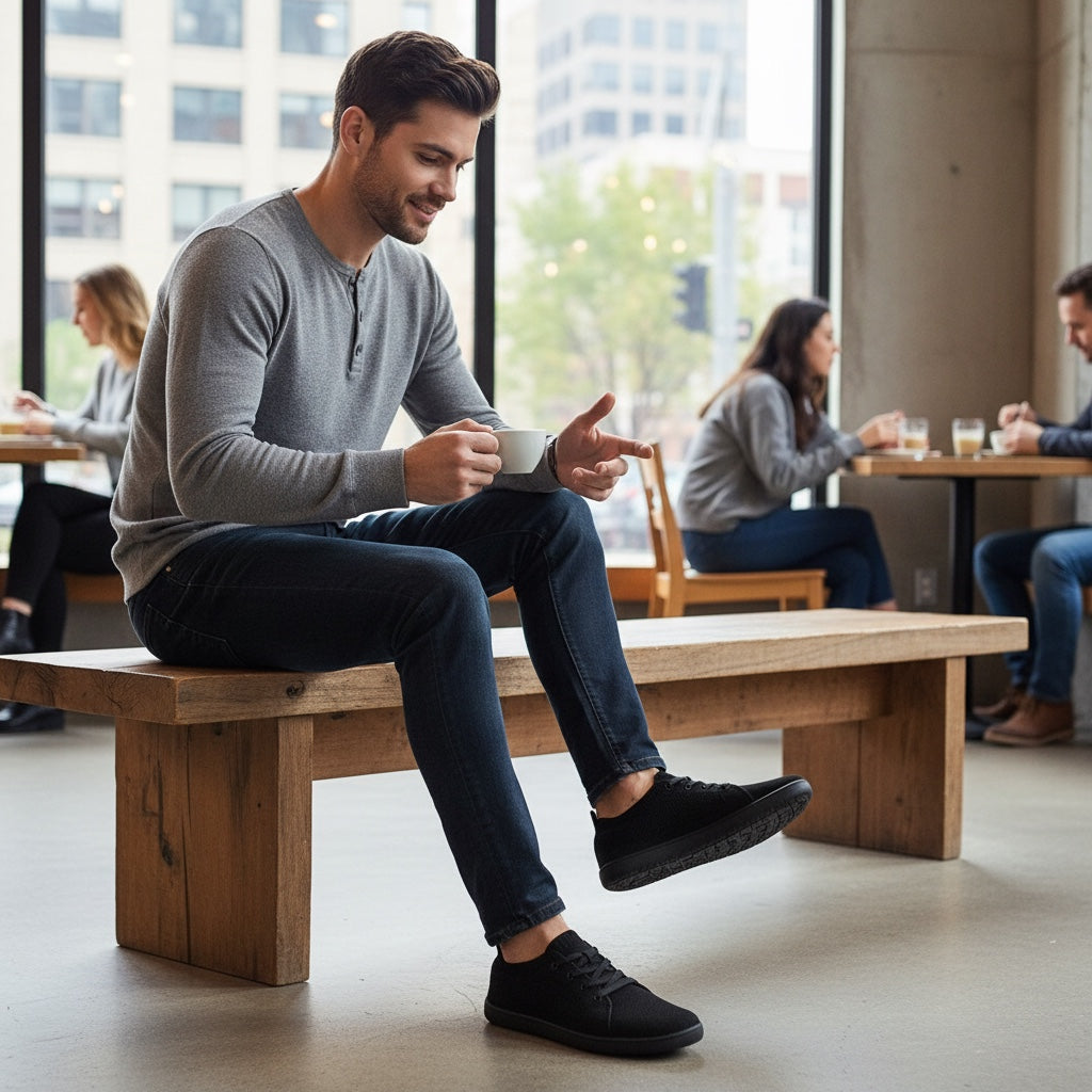 Man wearing black knit casual barefoot shoes  while sitting indoors in a casual setting.