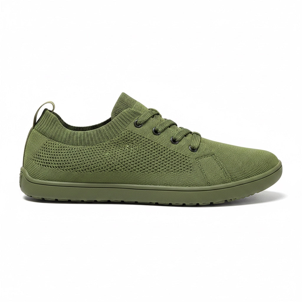 Olive green men's knit barefoot shoe with lace up closure and textured rubber sole, shown from the side.