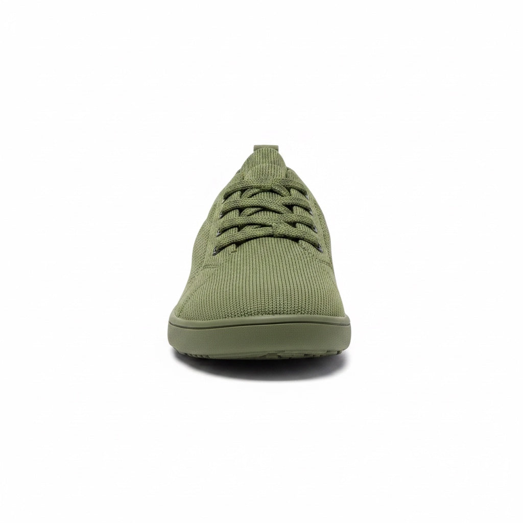 Front view of an olive green men's knit barefoot shoes with matching laces and rounded toe.