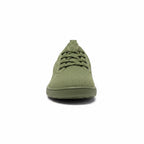 Front view of an olive green men's knit barefoot shoes with matching laces and rounded toe.