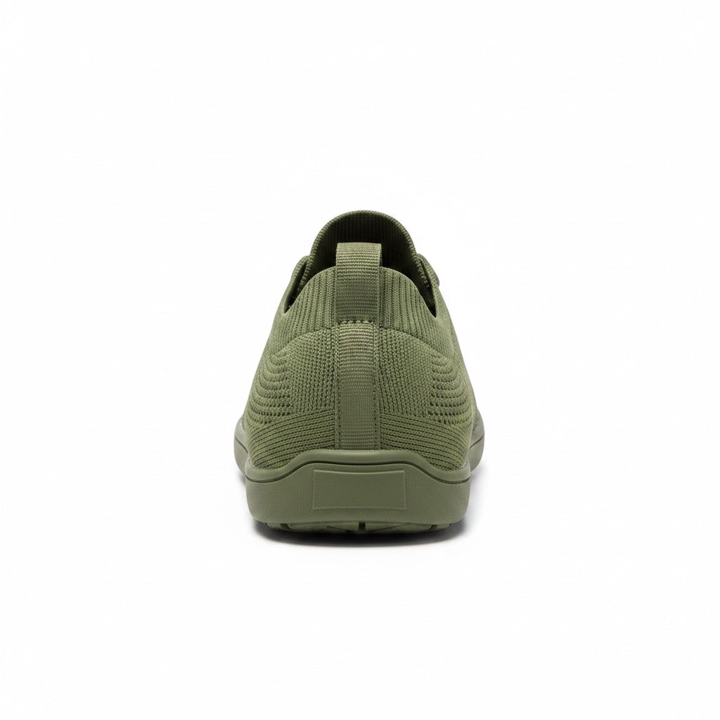 Rear view of an olive green men's knit barefoot shoe showing the heel and knit upper.