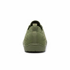 Rear view of an olive green men's knit barefoot shoe showing the heel and knit upper.