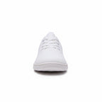 Front view of a white men's knit barefoot shoes with white laces and rounded toe.