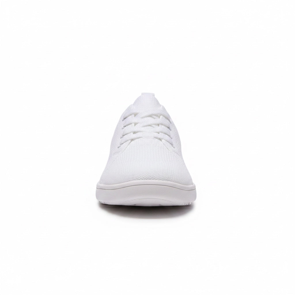 Front view of a white men's knit barefoot shoes with white laces and rounded toe.