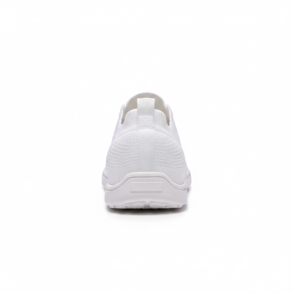 Rear view of a white men's knit barefoot shoes showing the heel and textured upper.