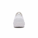 Rear view of a white men's knit barefoot shoes showing the heel and textured upper.