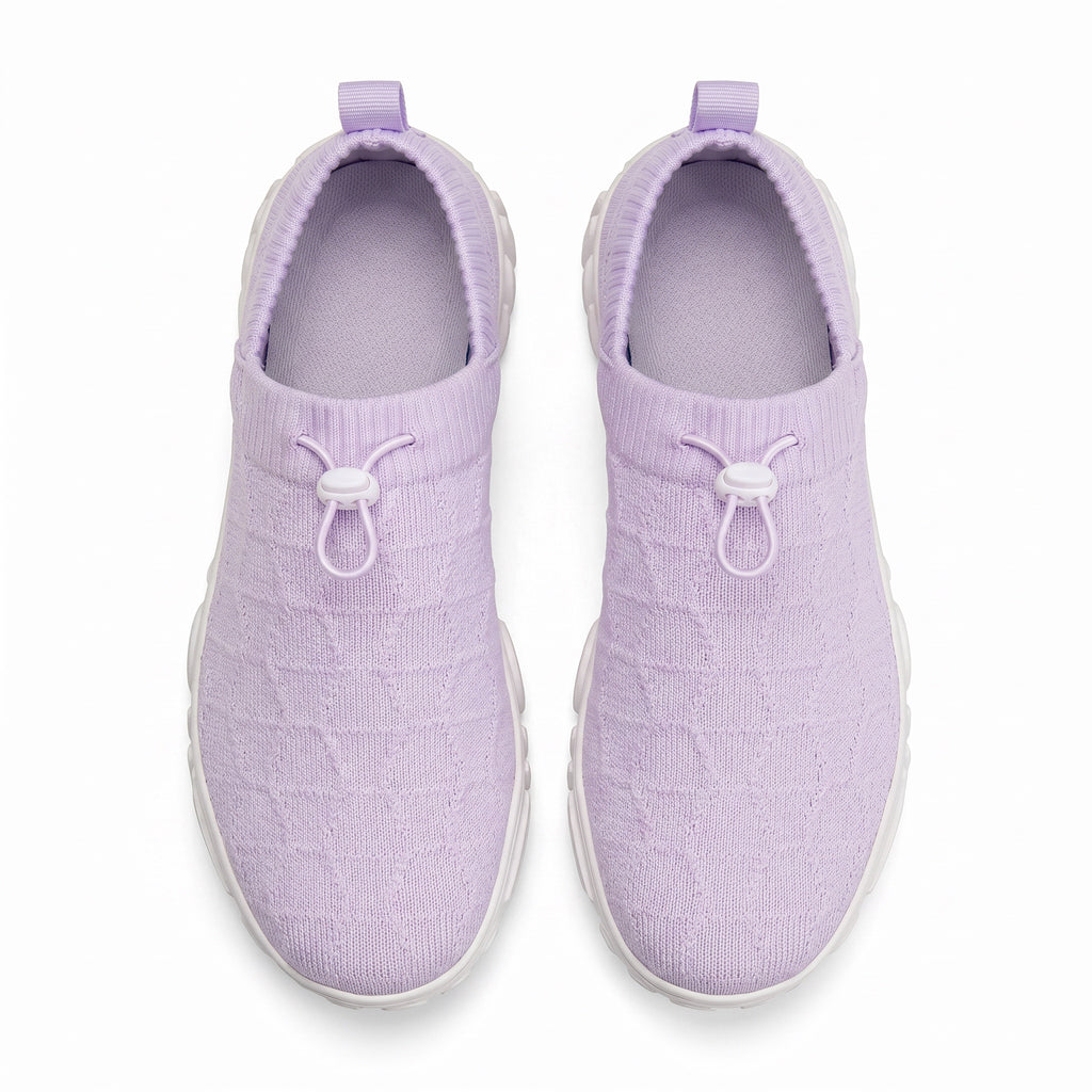 Purple shoe with white rubber with overview look