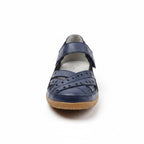 Front view of a Navy Blue comfort sandal with adjustable straps and flexible construction