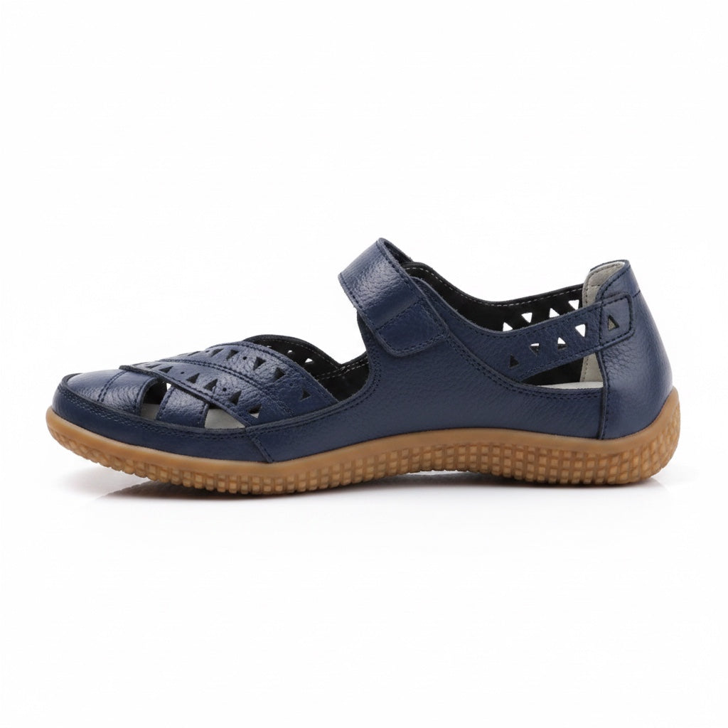 Navy Blue  women's comfort sandal with adjustable straps and perforated details.