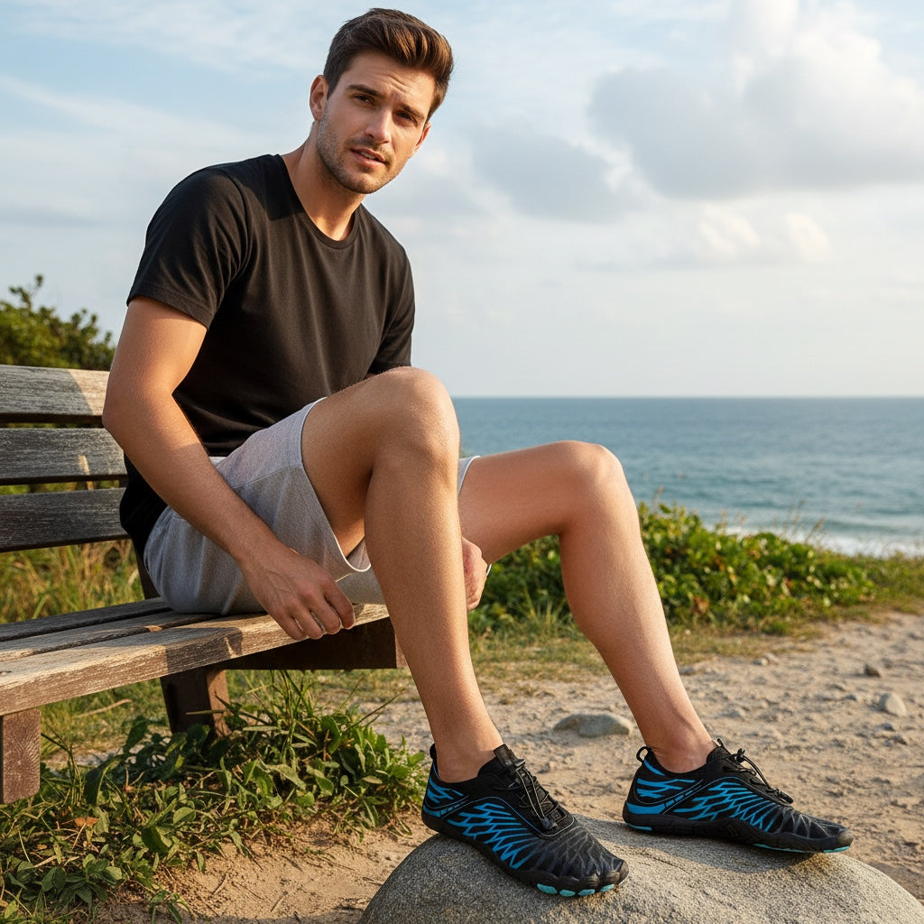 Angled pair of black and blue Nomad barefoot shoes highlighting the lightweight construction and flexible outsole.