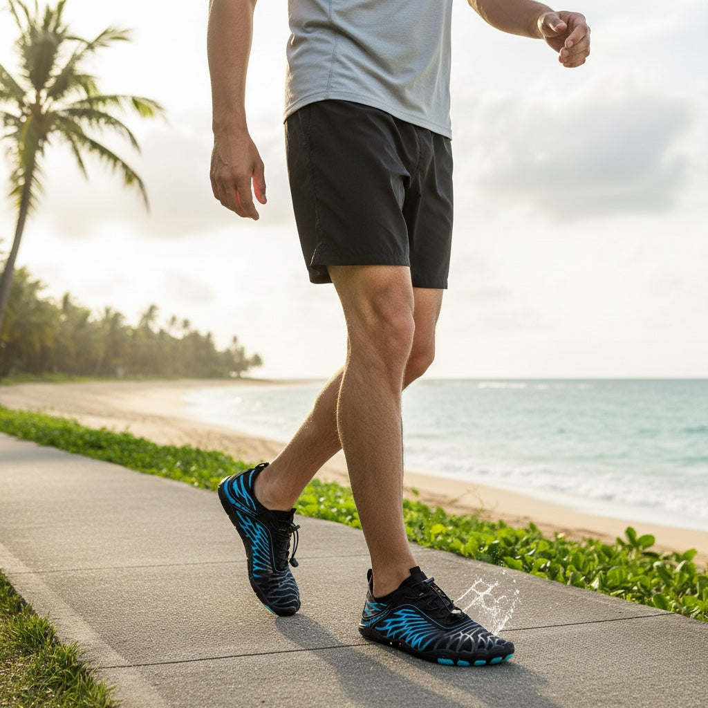 Black and blue Nomad barefoot shoes worn outdoors near the beach, showcasing their versatile design.