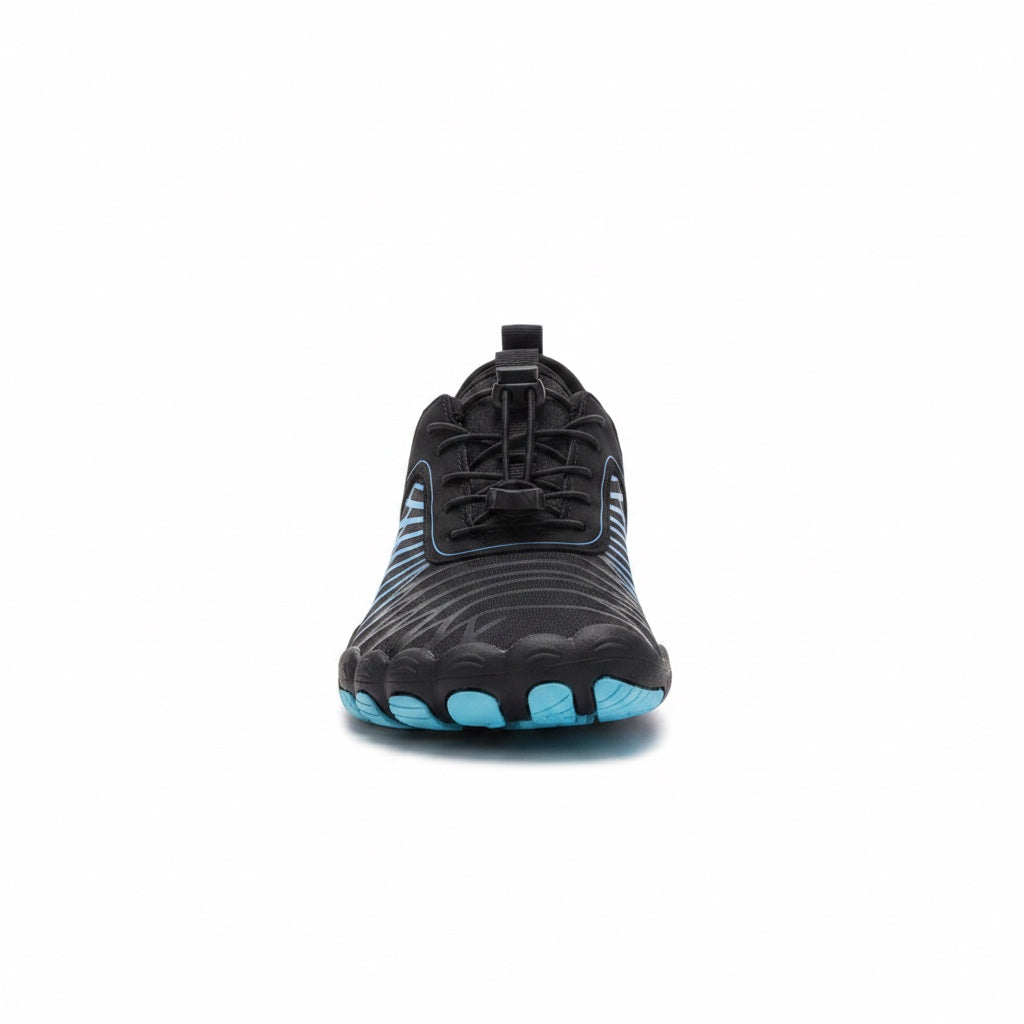 Front view of the black and blue Nomad barefoot shoe showing the natural foot-shaped design.
