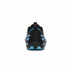 Rear view of the black and blue Nomad barefoot shoe showing the heel structure and blue outsole details