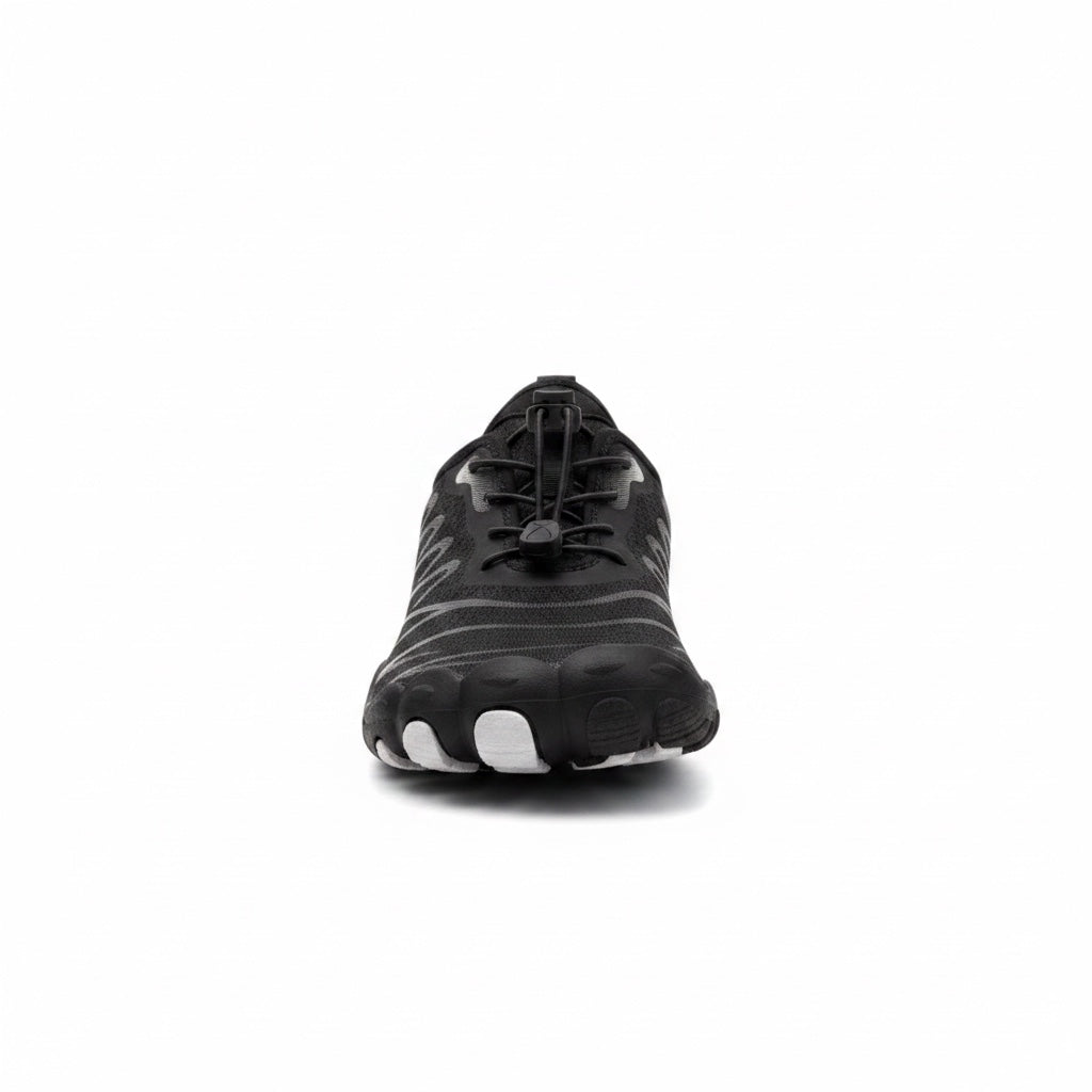 Front view of the black Veiro Nomad barefoot shoe showing the natural foot shaped design and spacious toe area.