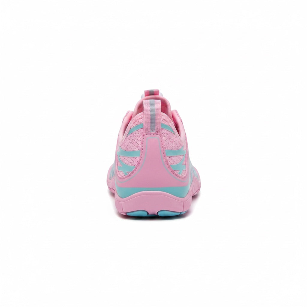 Rear view of the pink Nomad barefoot shoe showing the heel construction and flexible outsole.