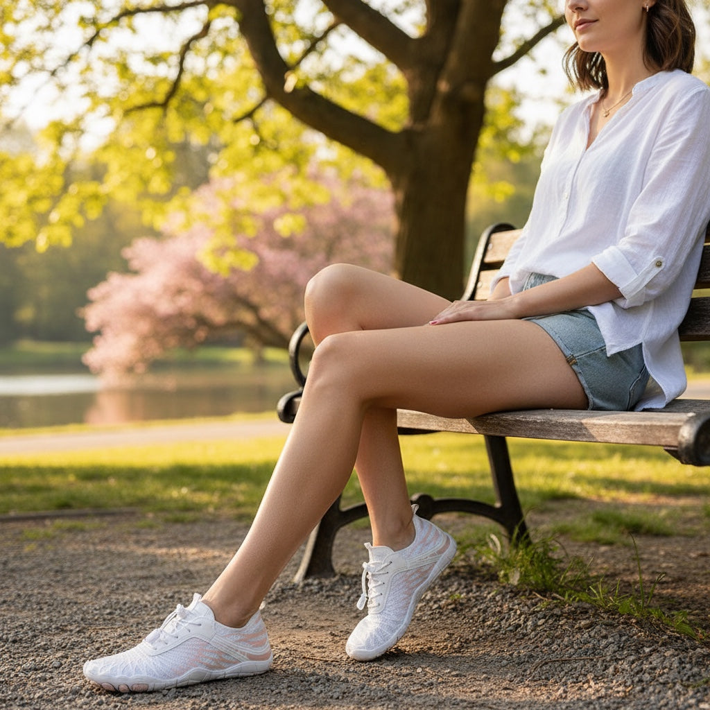 White Nomad barefoot shoes worn during an outdoor walk, demonstrating their lightweight everyday style.
