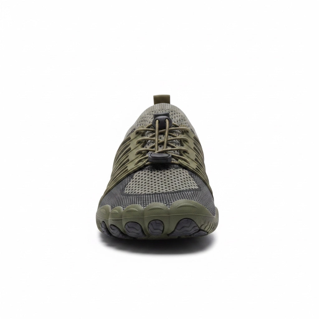 Front view of an olive green barefoot shoe with a flexible rounded toe area