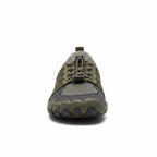 Front view of an olive green barefoot shoe with a flexible rounded toe area