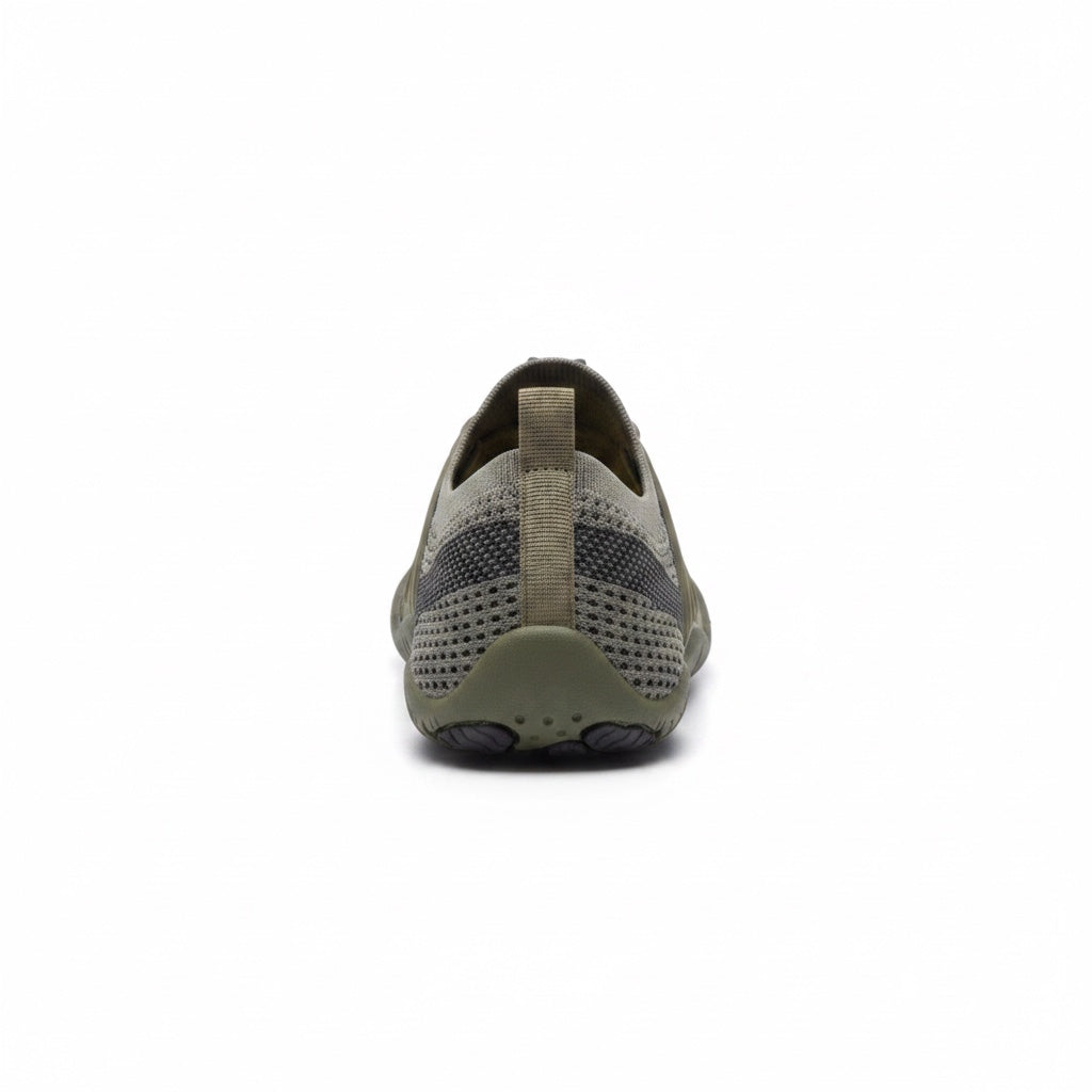Rear view of an olive green barefoot shoe showing the heel and flexible sole