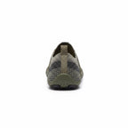 Rear view of an olive green barefoot shoe showing the heel and flexible sole