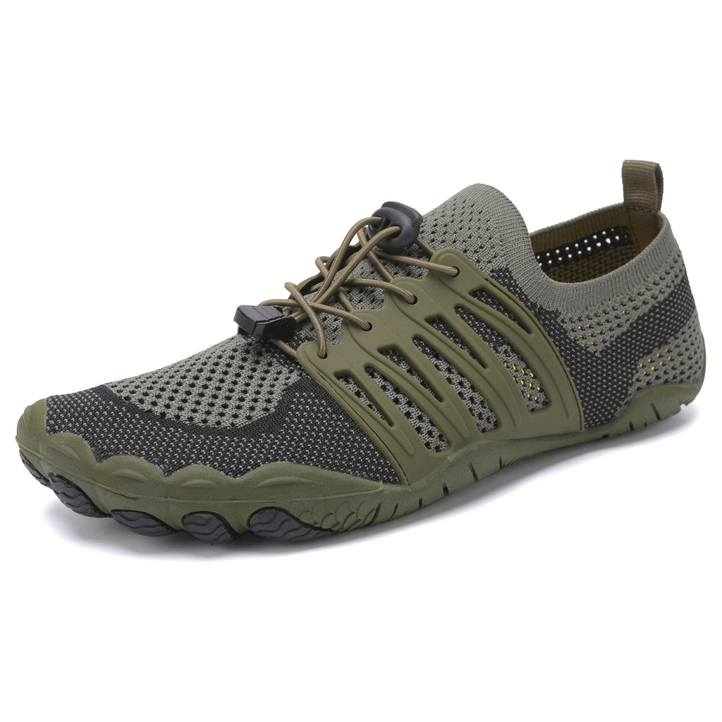 Olive green unisex barefoot shoe with breathable mesh upper and flexible textured sole
