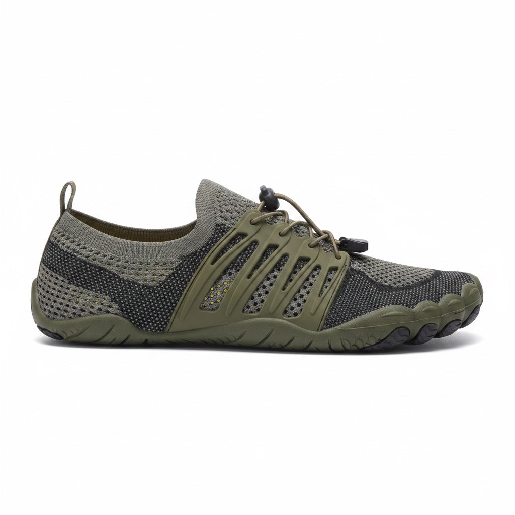 Olive green unisex barefoot shoe with breathable mesh upper and flexible textured sole