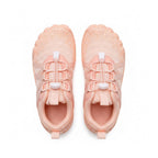 A pair of light Orange athletic sneakers shown from a top down view. 
