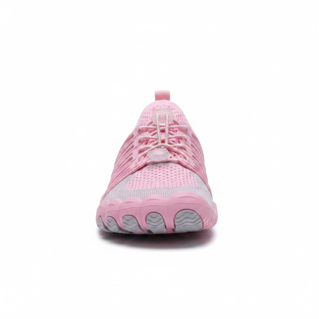 Front view of a pink unisex barefoot shoe with flexible sole and breathable upper