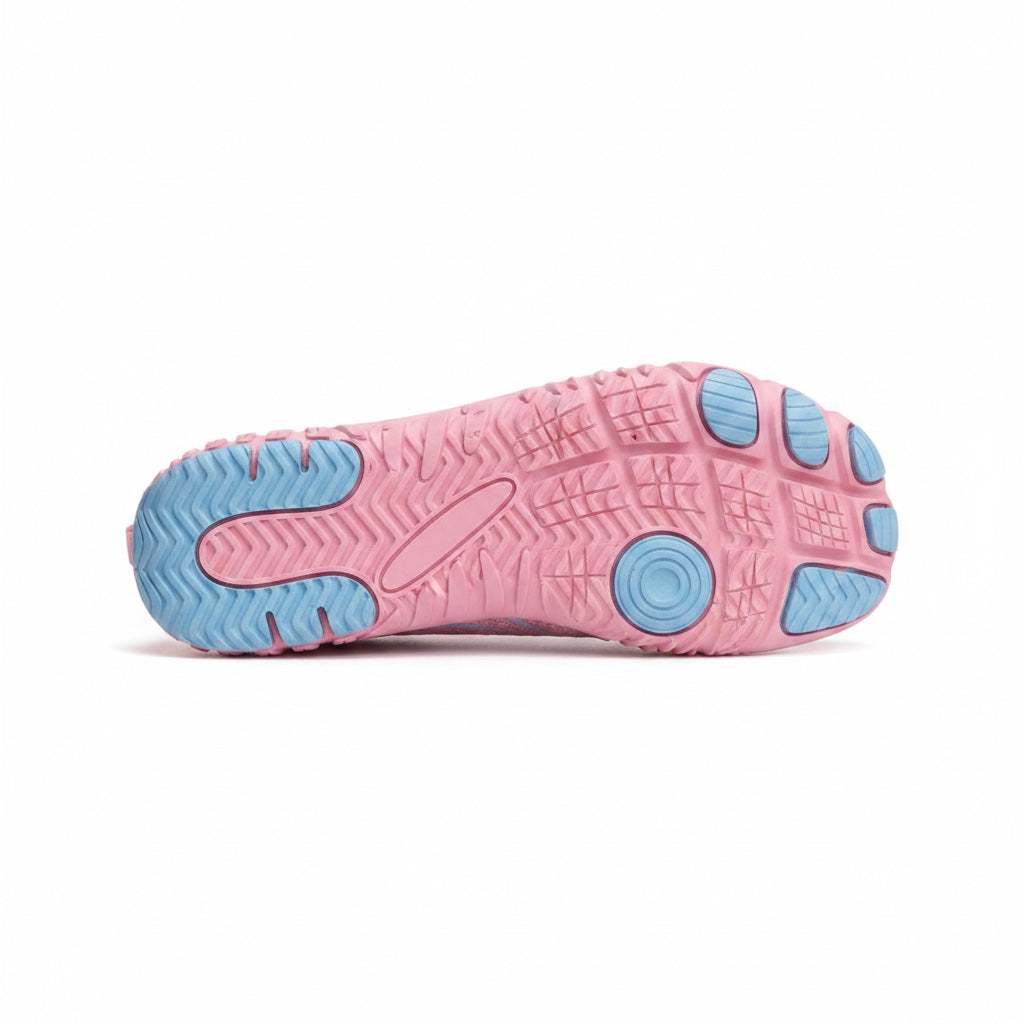 Bottom view showing the flexible outsole with blue grip sections.