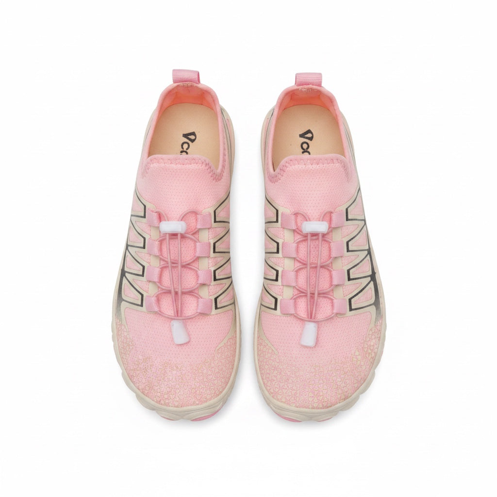 Top view showing the foot shaped design, breathable upper and spacious toe area.